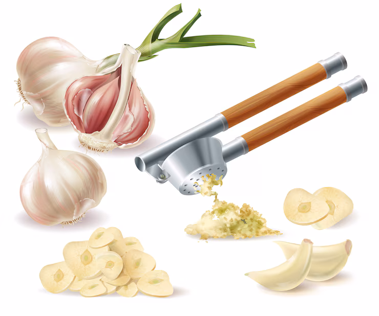 clipart with sprouted head garlic peeled cloves chopped slices metal press 1441 2221