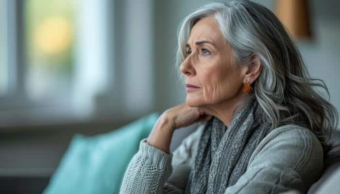 ai generated lonely elderly woman looking sad sits on the sofa at home grief loss acceptance photo