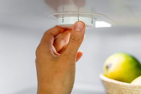 hand adjusting fridge power with knob next to bowl of fruit 6447116