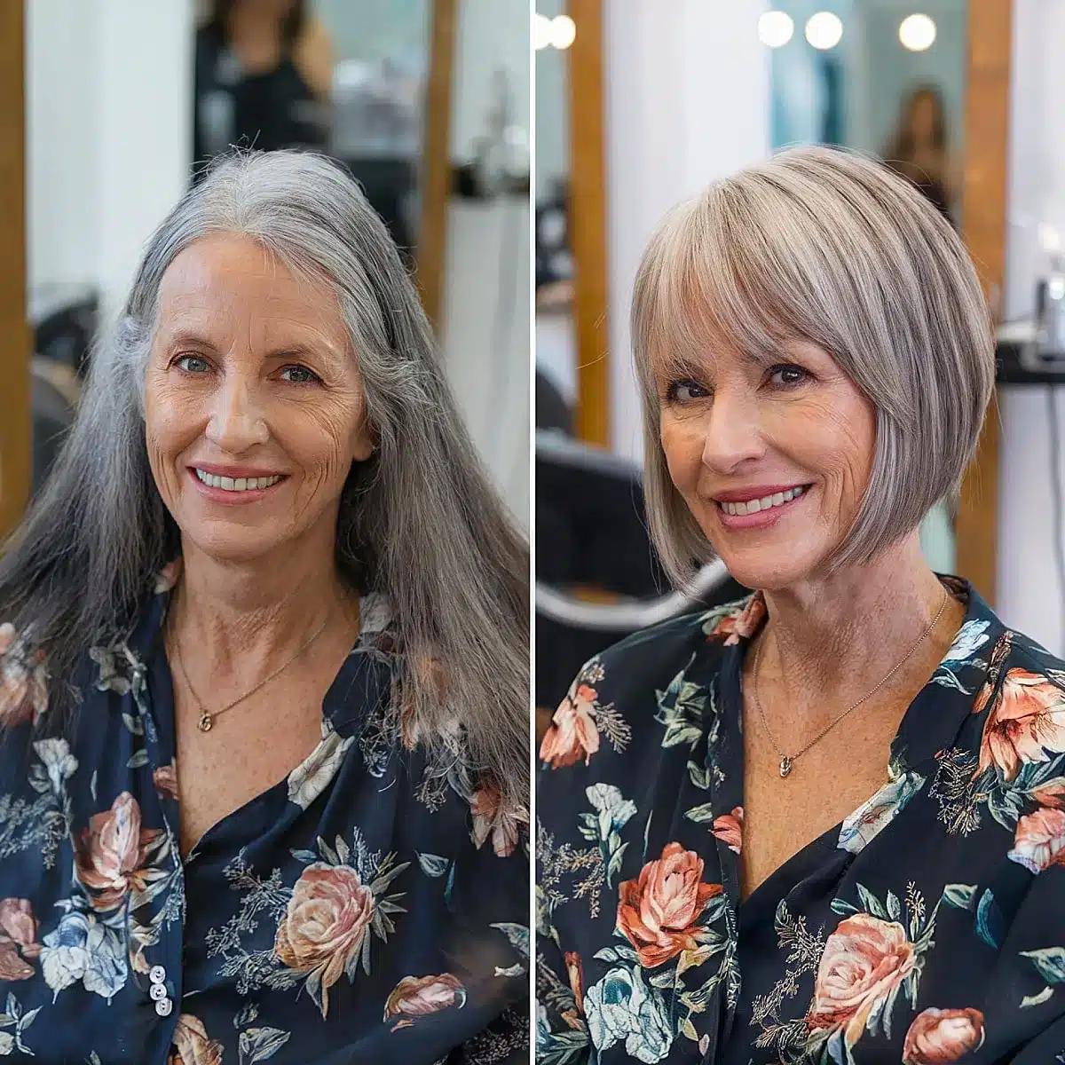 gorgeous salt and pepper angled bob for 60 year old ladies