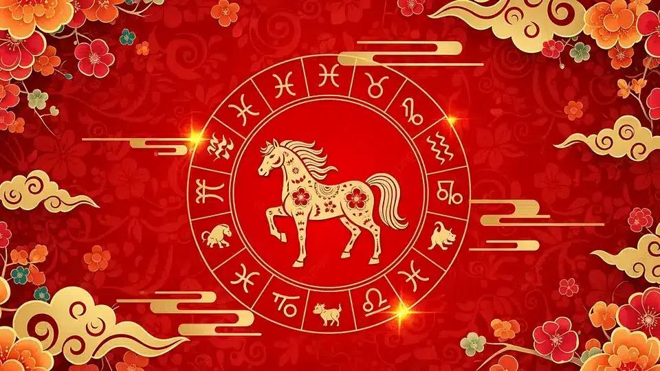 pngtree golden horse zodiac sign on vibrant red background with floral elements image 20868279