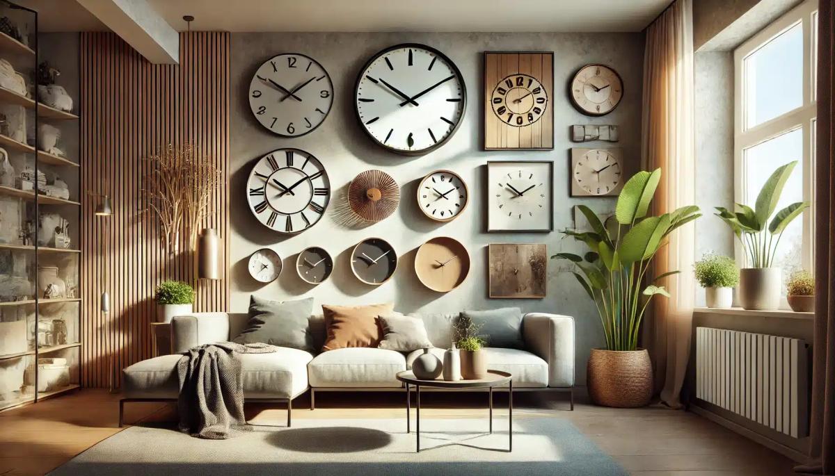 dall e 2024 12 07 10.59.14 a stylish and inviting interior scene featuring a variety of wall clocks in different designs and sizes placed on carefully chosen walls in a modern